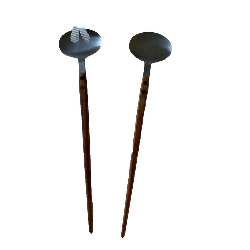 Mid Century Modern Salad Servers Wood and Stainless Swedish Style